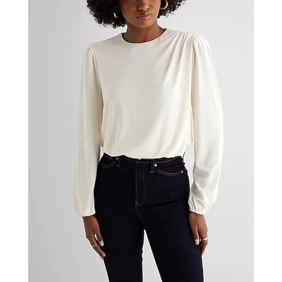 Express Cream Long Sleeve Blouson Bodysuit Size Medium Draped Detail Crew Neck - Picture 8 of 8